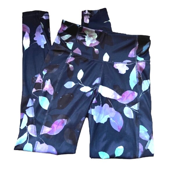 All In Motion Floral Active Leggings Sz XS Black Purple Workout Pants - Picture 6 of 9